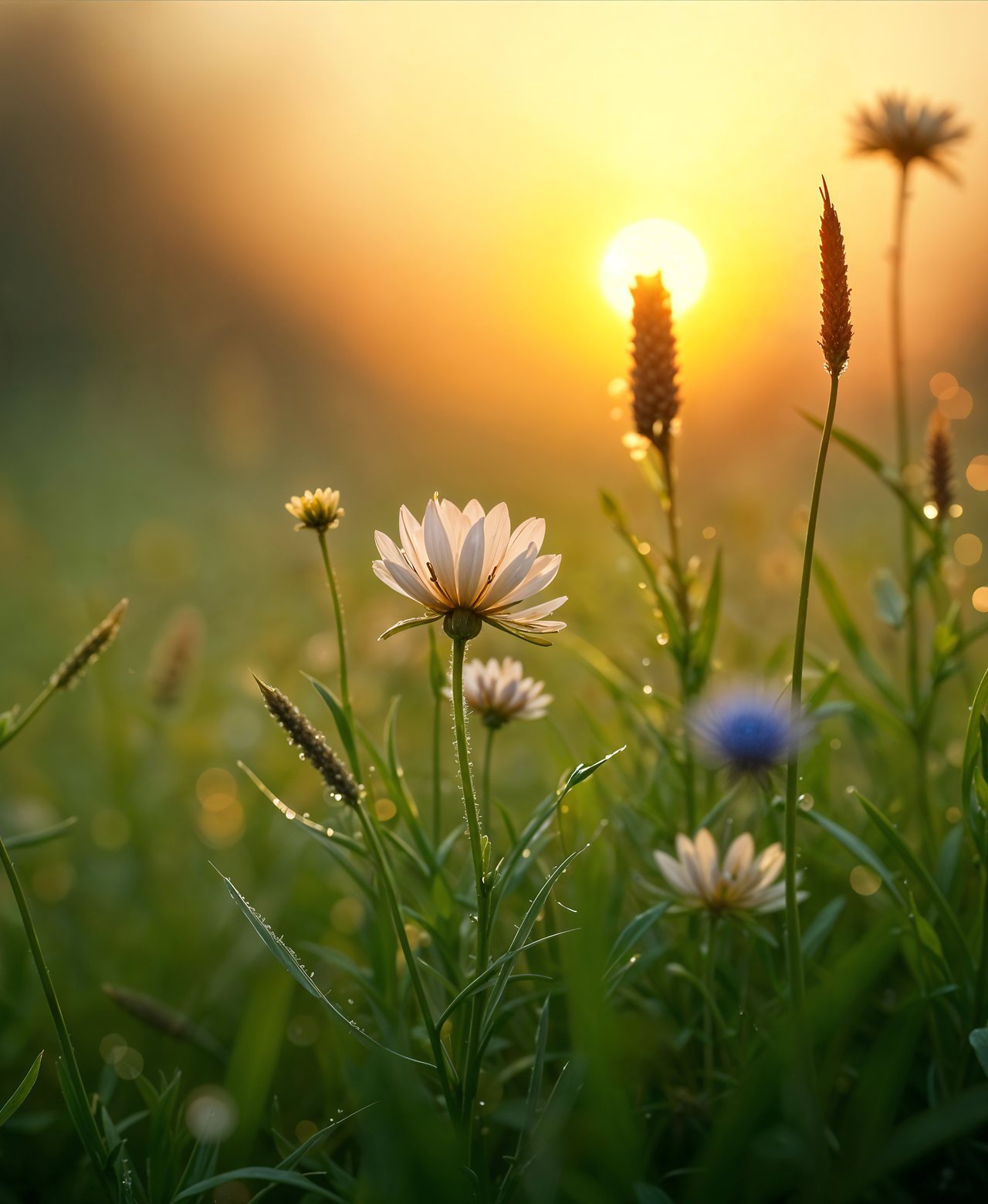 Prairie de fleurs sauvages et de graminées couvertes de rosée, au lever du soleil